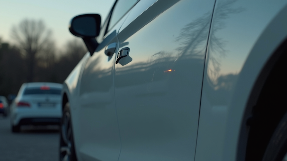 Close-up view of a car door with a small dent being repaired