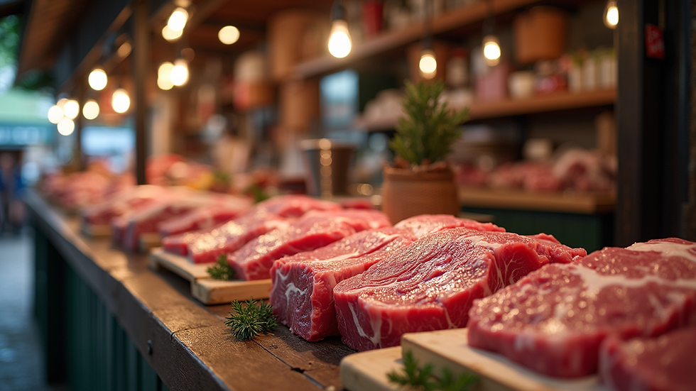 Eye-level view of a rustic farmers market stall with fresh beef cuts