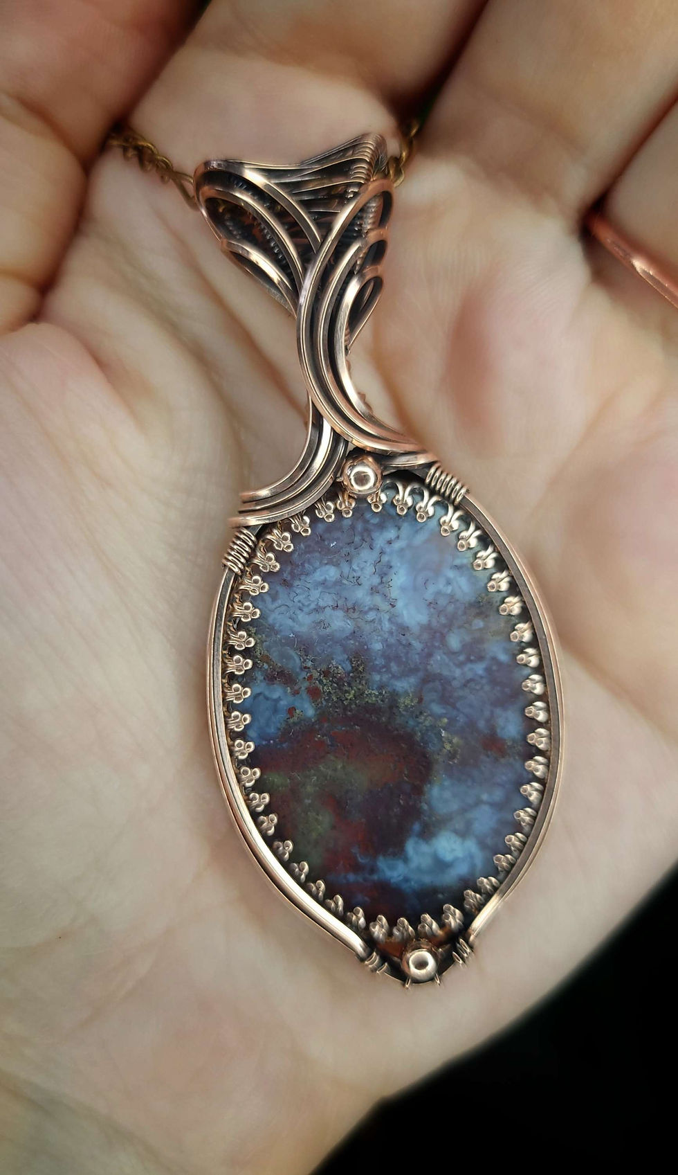 Thumbnail: "Verdant Nouveau" Indonesian Moss Agate Copper Pendant 