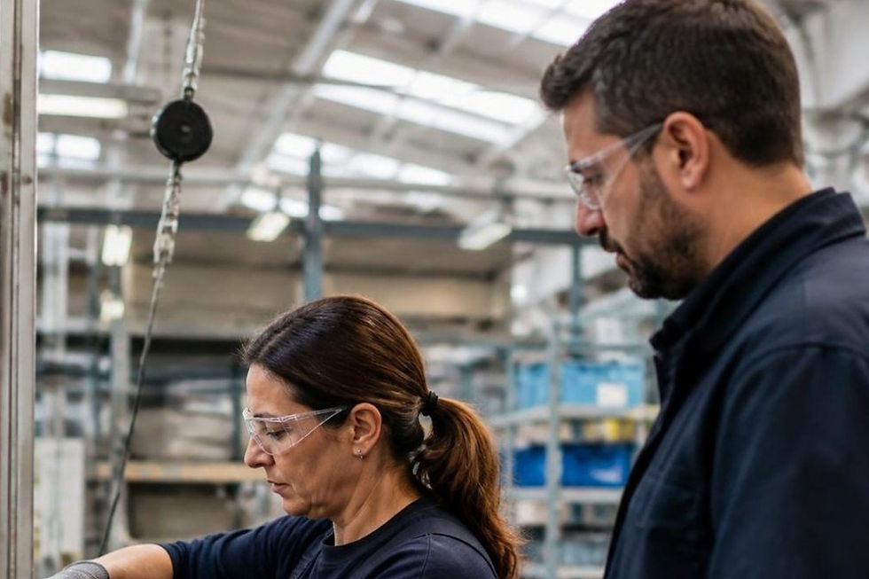 Tecnici al lavoro in un reparto produttivo, uno con un tablet