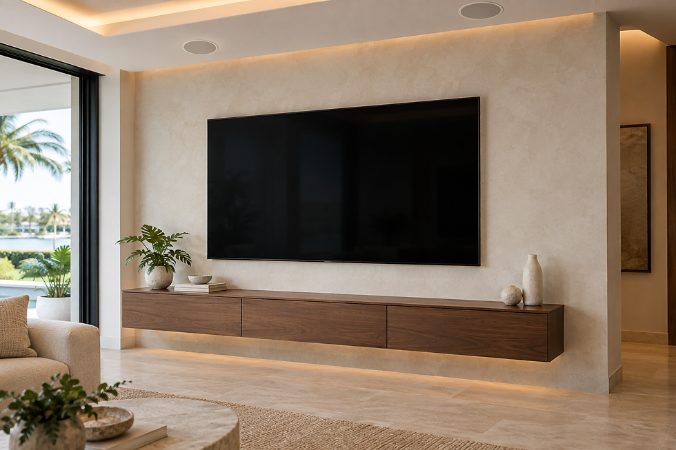 Concept illustration of a wall-mounted television with concealed wiring and a floating media cabinet