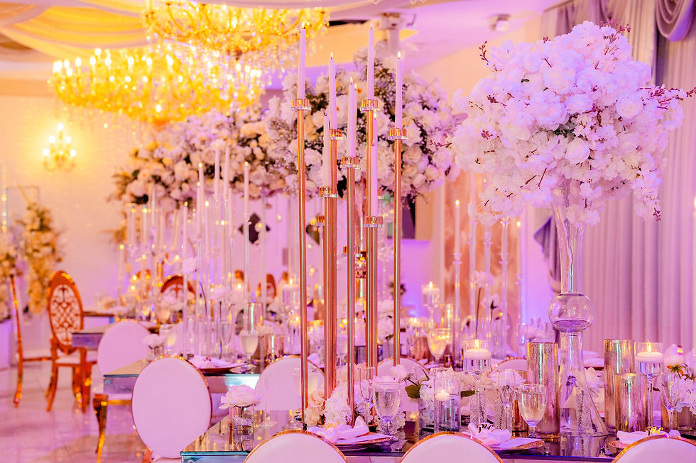 Beautiful tablescape with stunning decor at the Crystal Ballroom in Fort Lauderdale Beach, Florida.