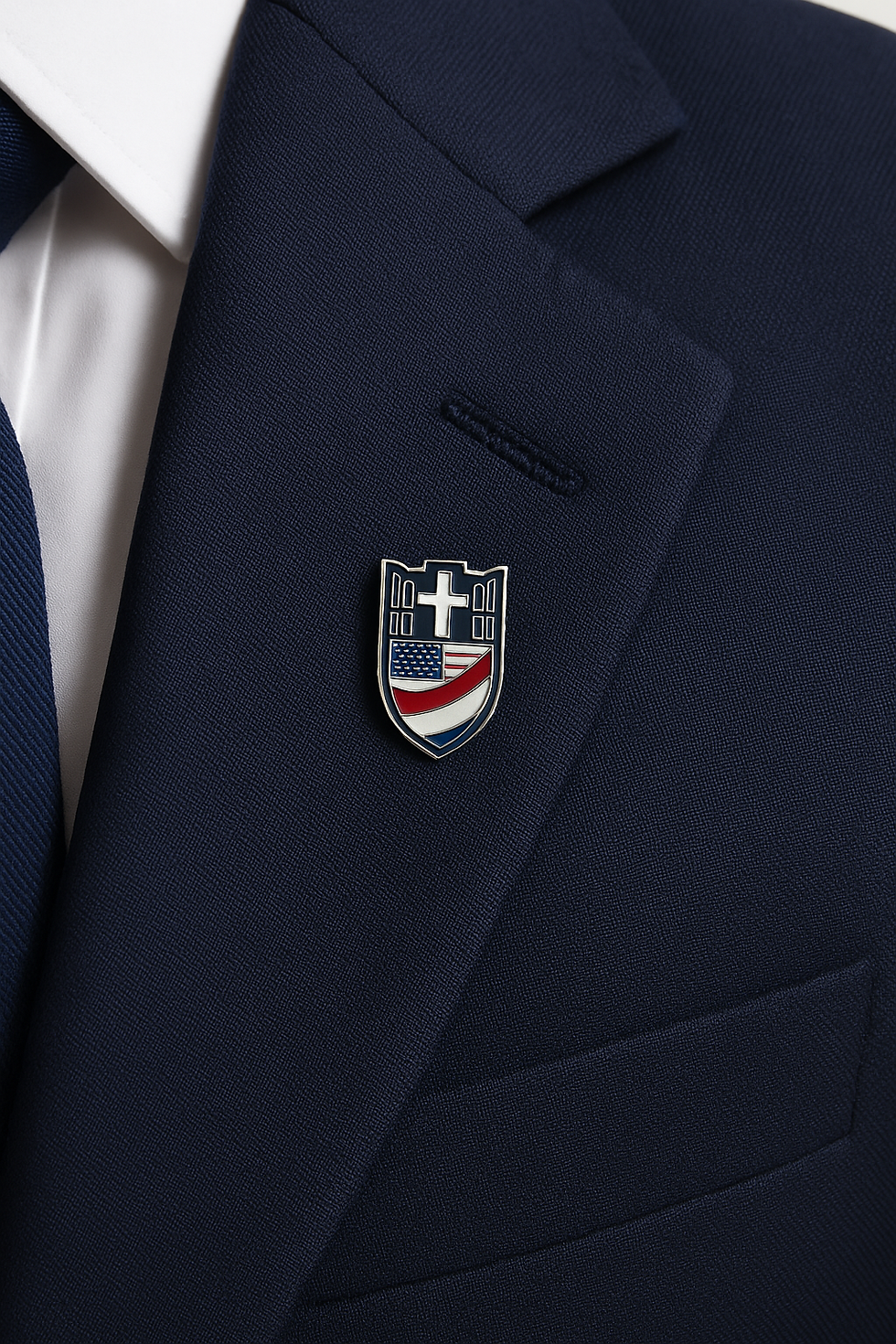 Forever Promise Project lapel pin on navy blazer.