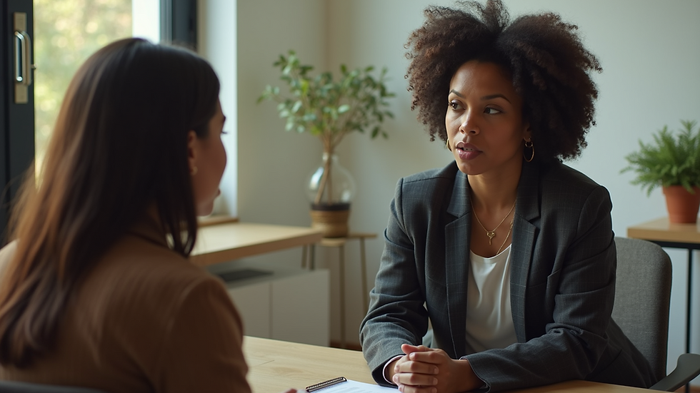 High angle view of a counselor and client discussing therapy in a culturally sensitive setting