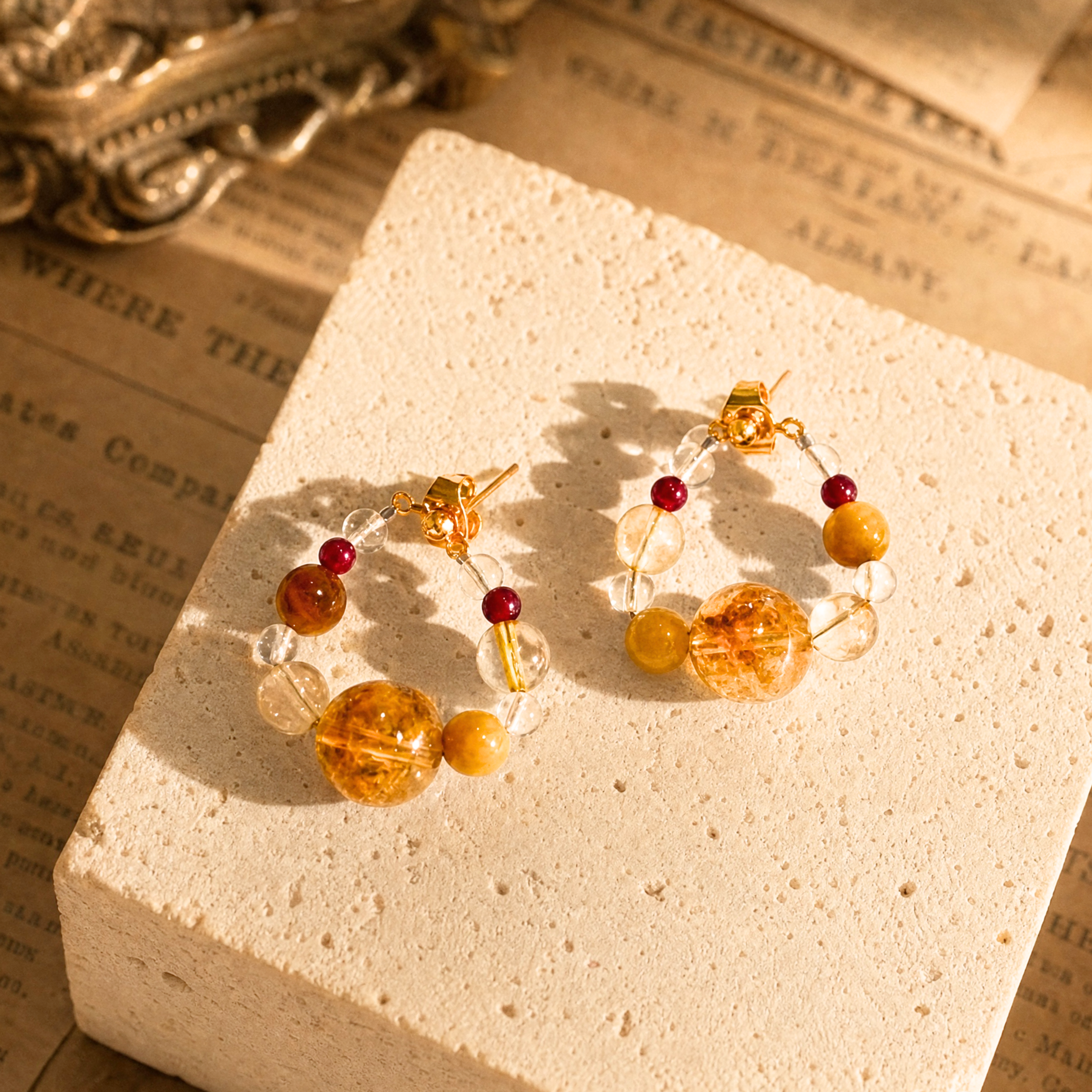 Heritage Gems Gold Studs - Citrine, Clear Quartz, Garnet, Tiger Eye