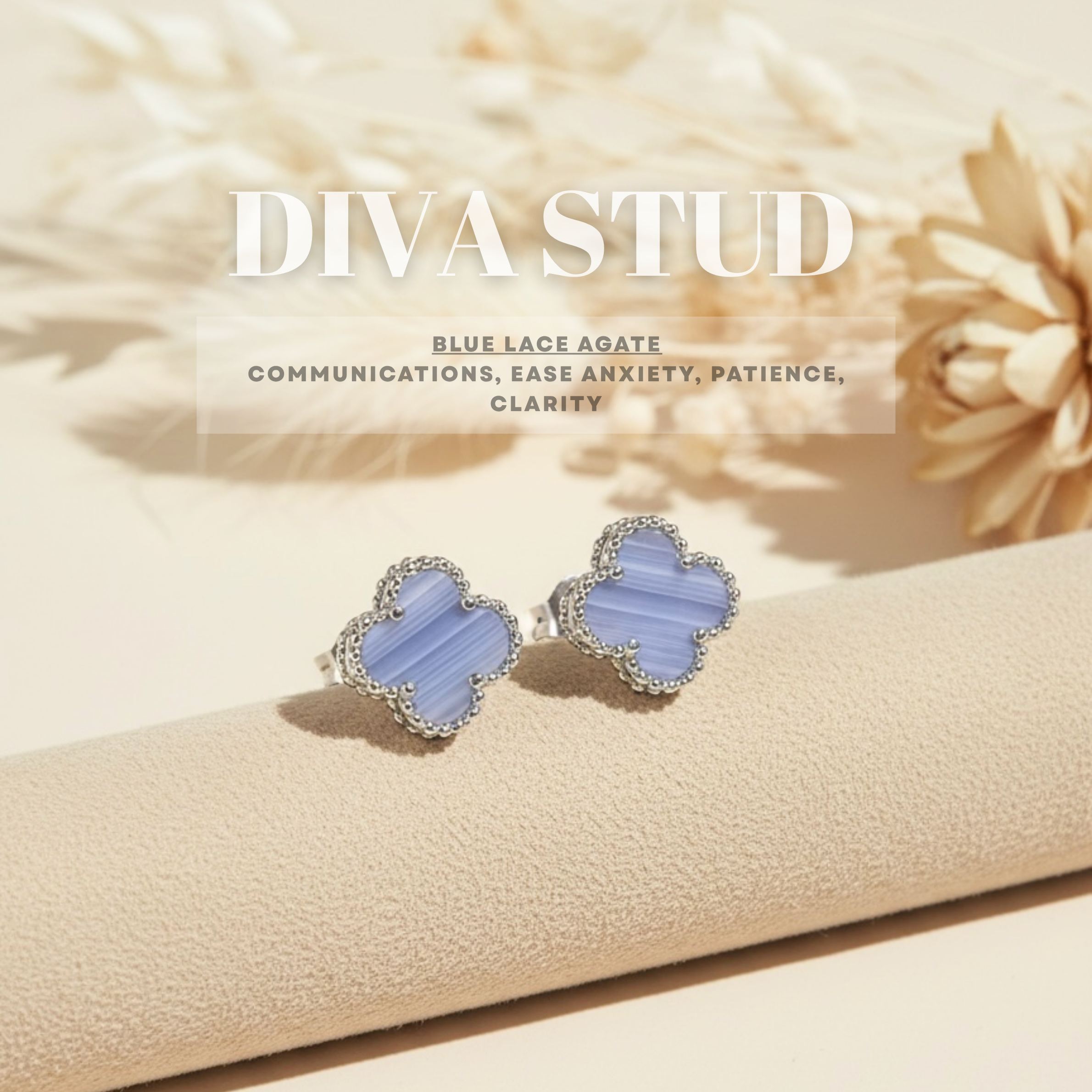 DIVA- Blue Lace Agate Silver Clover Ear Studs
