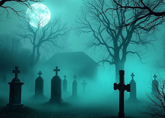 spooky cemetery with bright teal fog