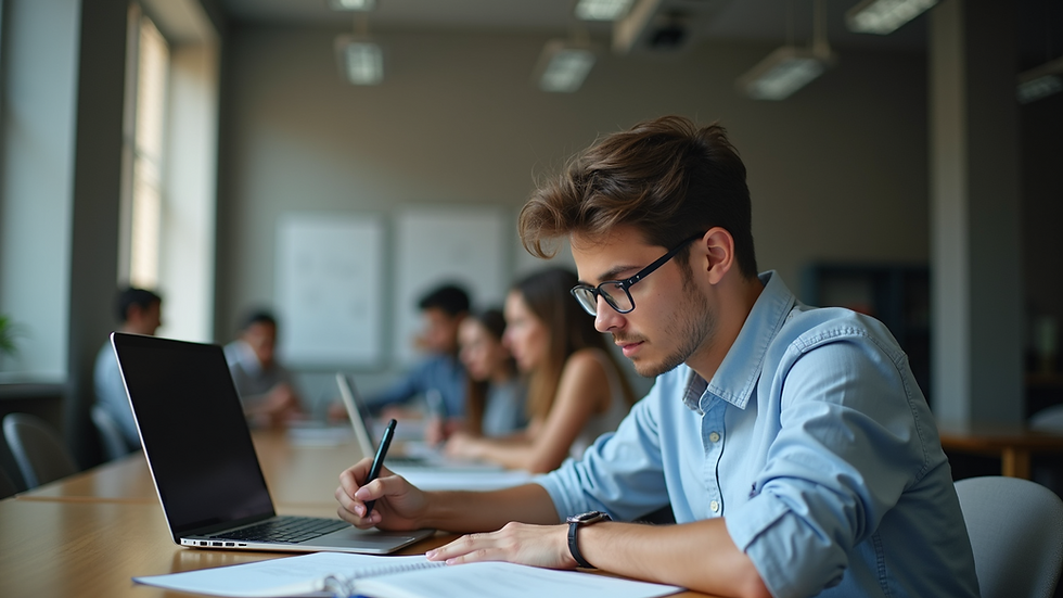 Eye-level view of a student studying business intelligence concepts