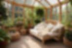 Conservatory with plants, and rattand and wood furniture