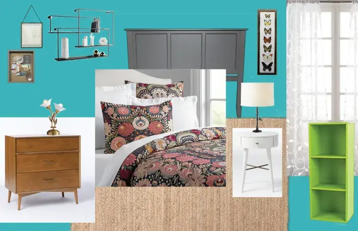 Mood board with pictures od a bed, wooden furniture, lighting and window