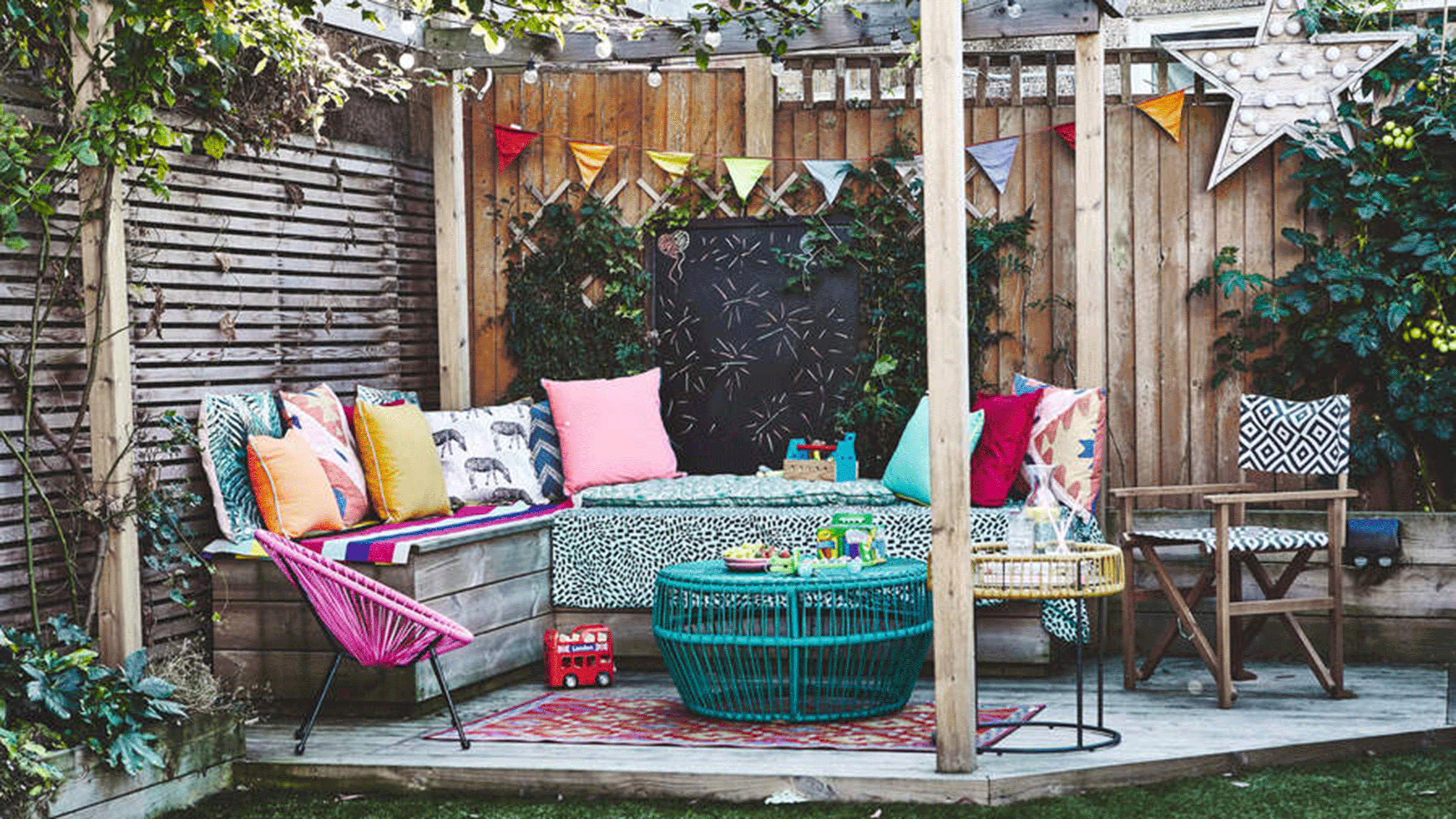 Garden deck with colourful pillows