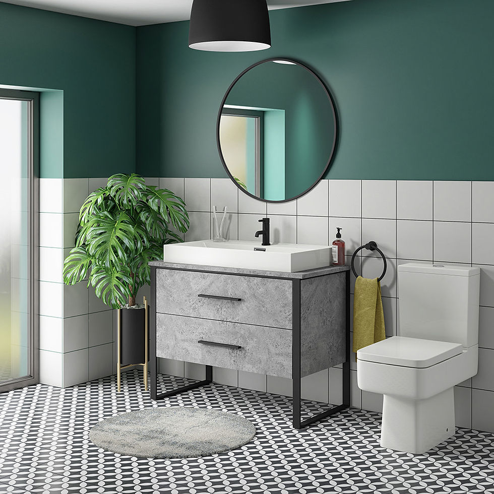 Bathroom with green wall, white wall toiles and black and white floor tiles