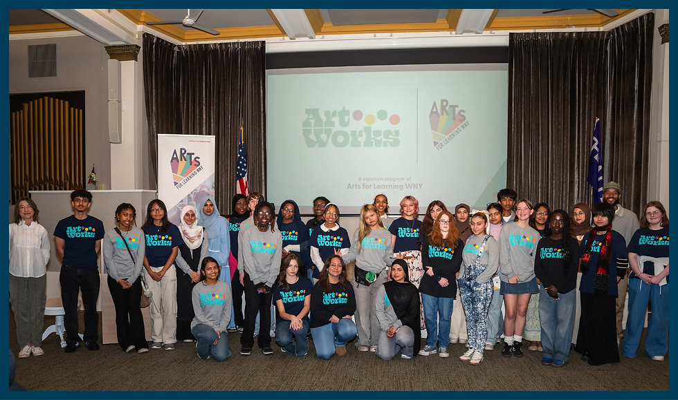 Apprentices along Teaching Artists Cassondra Argeros and Rashaad Holley at the ArtWorks Spring Showcase 2025