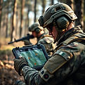 Ultra-realistic military training photograph of one soldier using a rugged tablet displayi