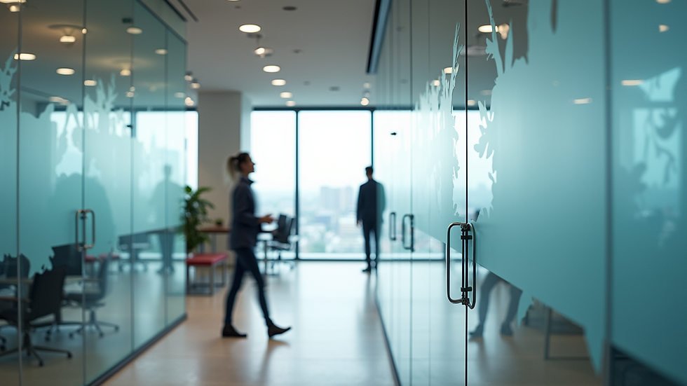 Eye-level view of a modern interior with digitally printed glass partitions