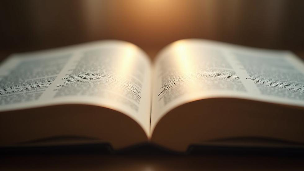 Eye-level view of an open Bible with a soft light shining on the pages