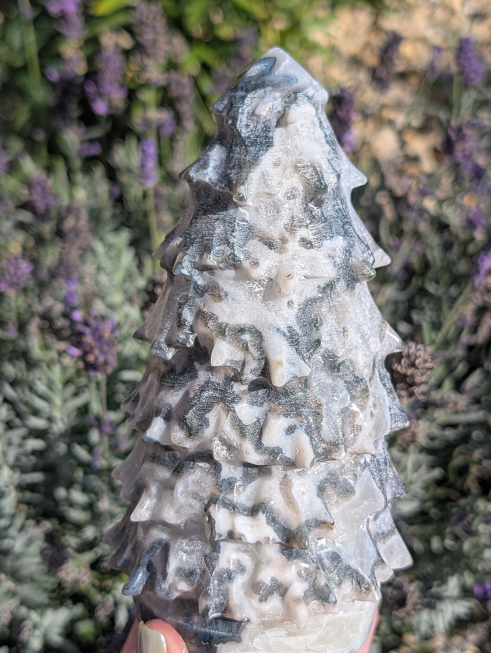 Thumbnail: Moss Agate Carving Pine Christmas Tree