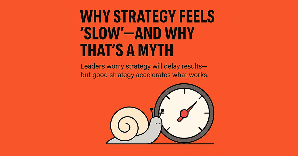 Bold header image with the title 'WHY STRATEGY FEELS ‘SLOW’—AND WHY THAT’S A MYTH' in black capital letters on an orange background. Below, smaller text reads, 'Leaders worry strategy will delay results—but good strategy accelerates what works.' A simple illustration shows a gray snail next to a round clock with a red second hand, symbolizing the contrast between perceived slowness and real acceleration.