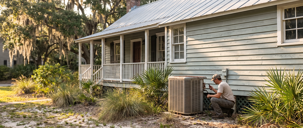 HVAC technician inspecting AC unit outside a historic Old Village home in Mount Pleasant SC to diagnose musty vent smell