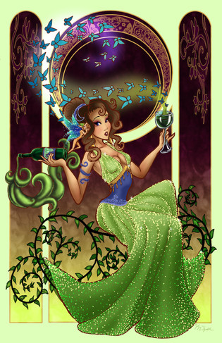mystical digital animated art of a woman with a flowing long shimmering green dress, surrounded by ivy and blue butterflies
