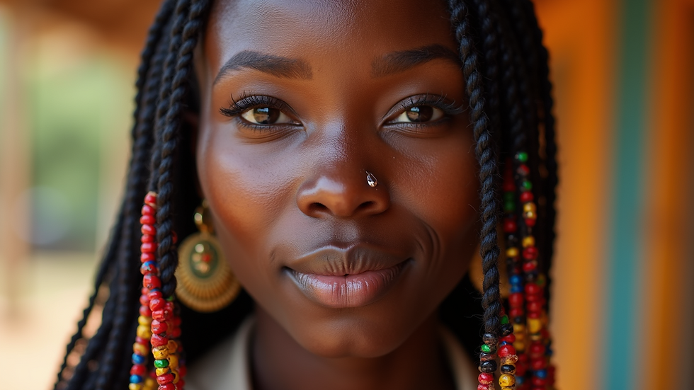Close-up view of a woman with colorful Ghana braids adorned with beads