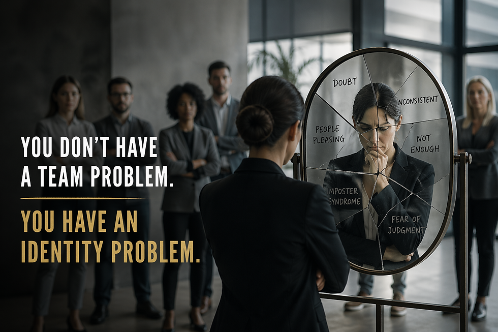 Businesswoman faces cracked mirror labeled doubt and imposter syndrome; coworkers watch behind. Text: You don't have a team problem.