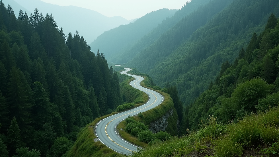 High angle view of a winding mountain road surrounded by lush green forests