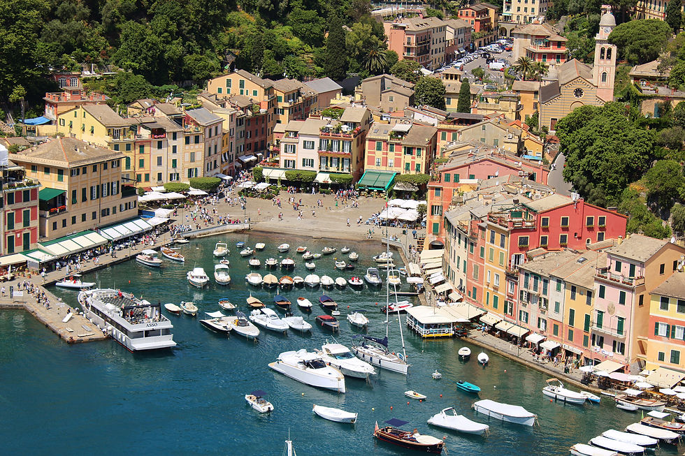 Portofino harbor and town from the fortress on the hilltop across the harbor