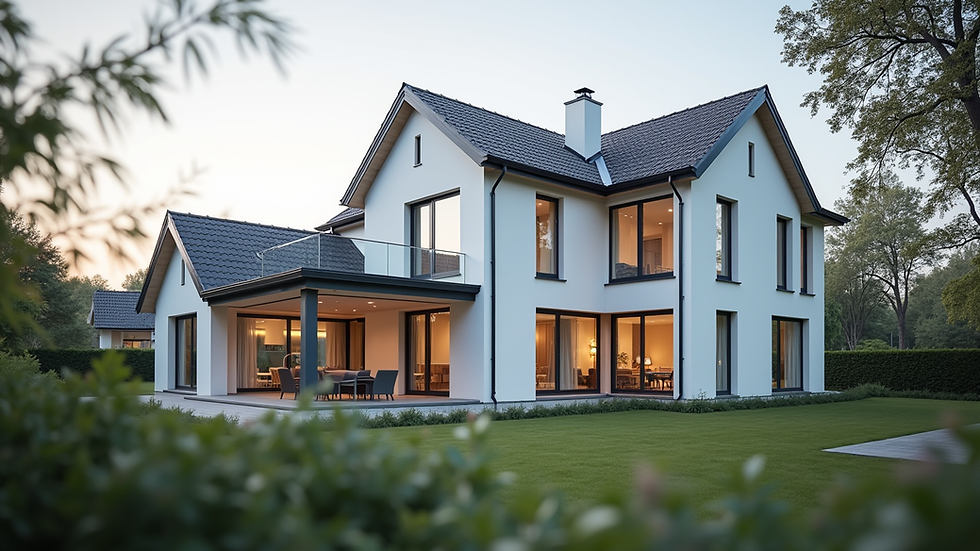 Eye-level view of a modern house with triple-glazed windows and insulated walls