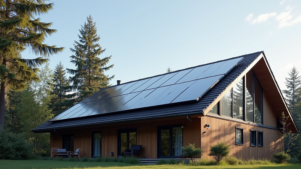 Wide angle view of solar panels installed on a sloped roof of a Canadian home
