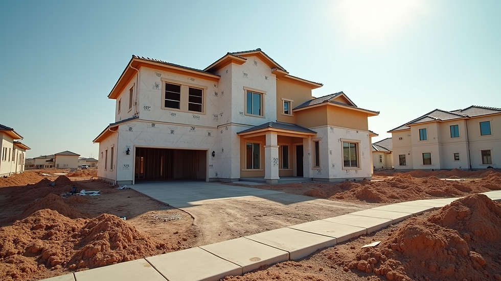 Wide angle view of a construction site with a custom home in progress