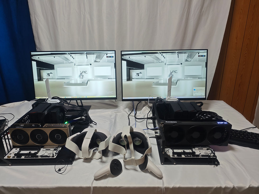 検証に使用するRX 9070 XTおよびRTX 5080を搭載した2台のテストベンチPCを並べた構成写真。