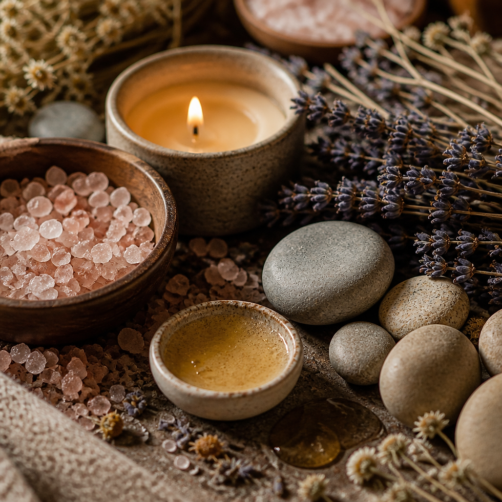 Salt crystals • Dried lavender • Melted wax • Smooth stones