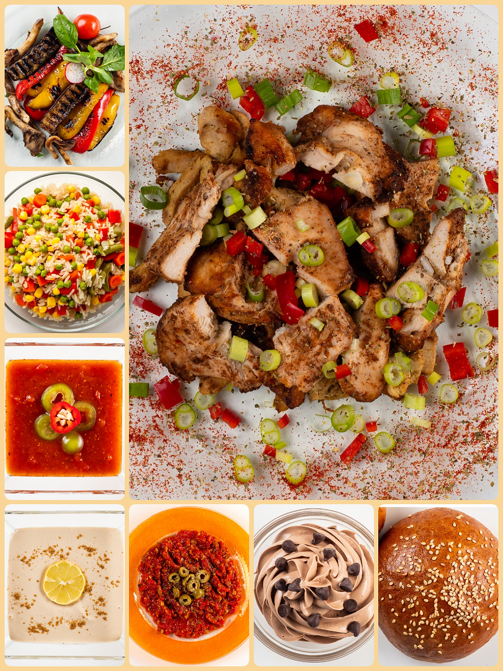 Kosher meal kit with chicken leg filet rotisserie style, sided with rice with vegetables 200g, grilled vegetables 100g, matbucha 120g, tahini sauce 120g, red pepper with olives salad 120g, bread, dessert and convenient cutlery.