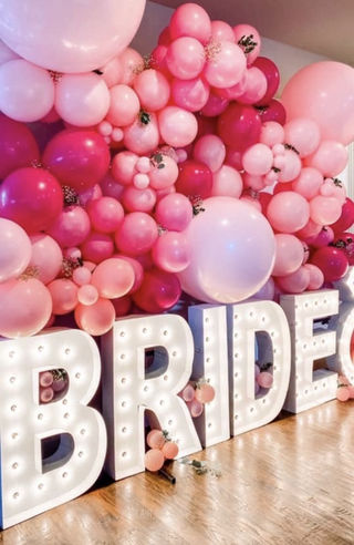 bride marque letters, balloon wall, balloon garland, bachelorette party balloon decoration, miami bachelorette party, South Florida bachelorette party decoration, balloon arch, Florida party decoration, pink balloon wall