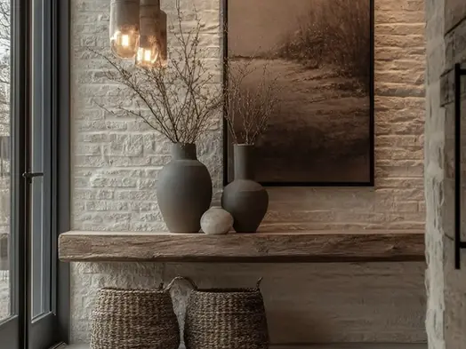 Modern farmhouse interior design of the Taos Farmhouse by Adam Pitts, featuring natural wood, stone textures, and warm earth-tone styling.