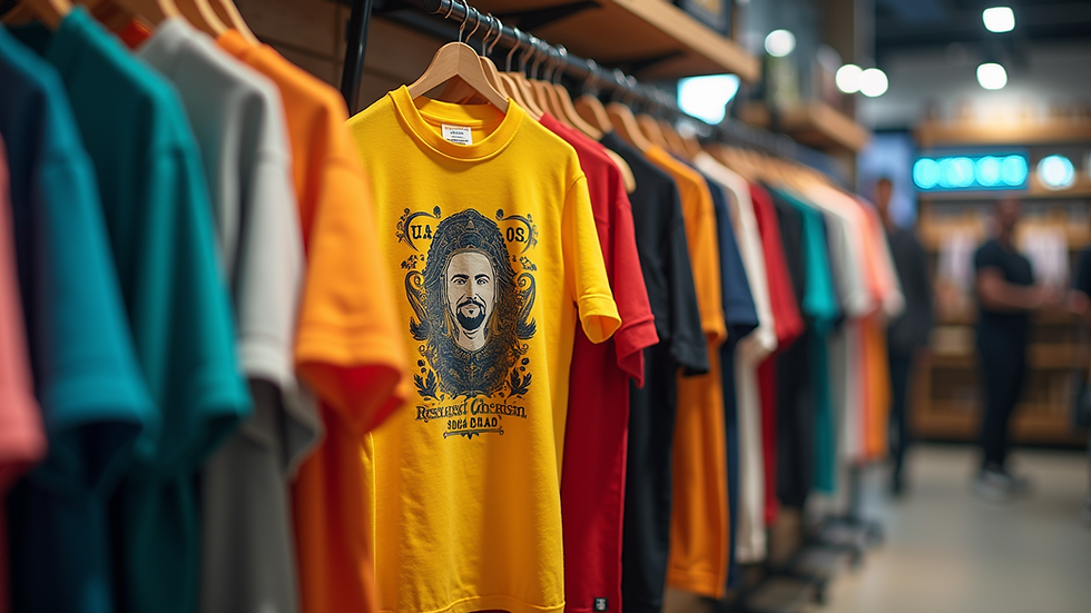 Eye-level view of a vibrant clothing display featuring custom printed apparel