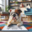 Marta la bulldog inglés recostada sobre bocetos de decoración con un lápiz en la boca y lentes de lectura