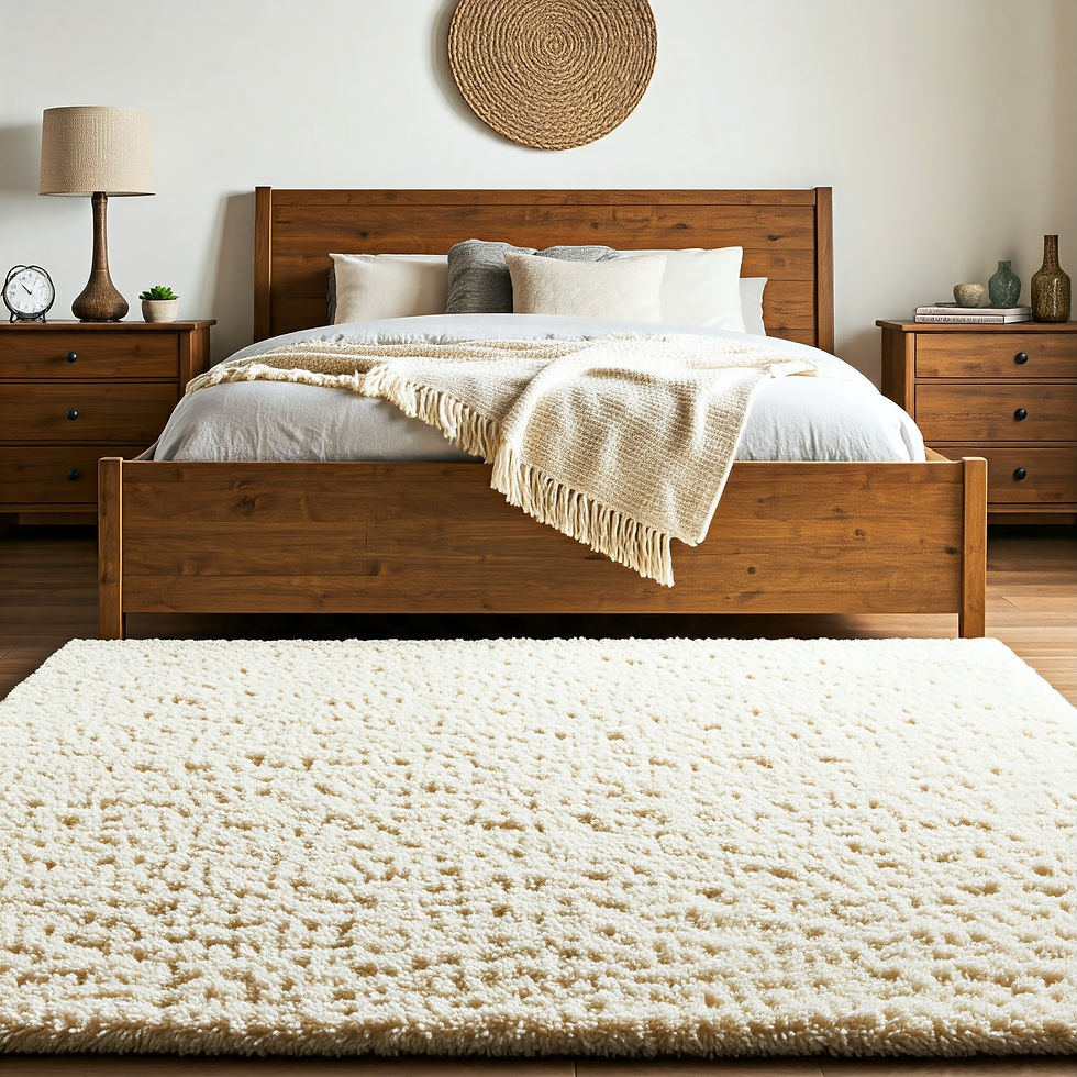 Alfombra grande que cubre gran parte del suelo de una habitación incluidos los laterales de la cama