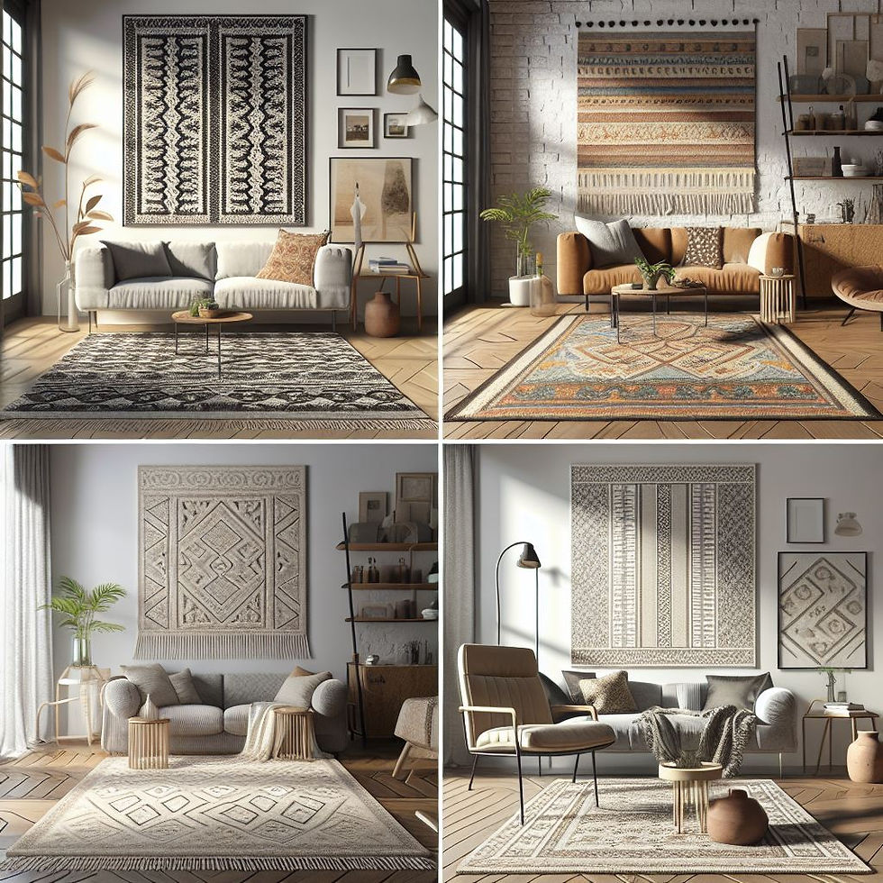 cuatro imágenes de livings decorados con diversos modelos de alfombras