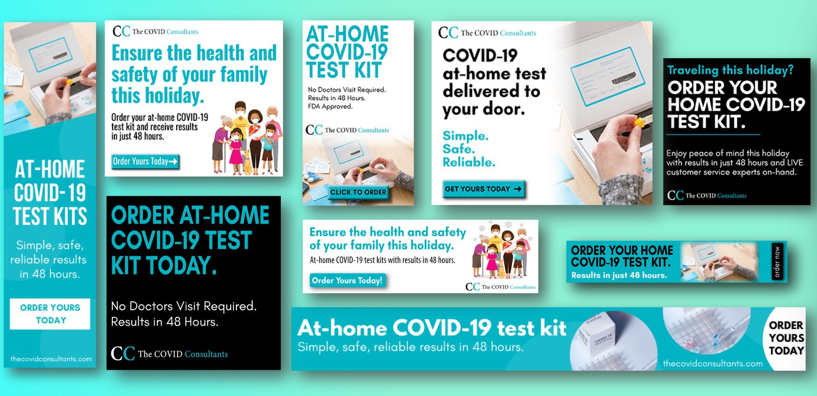Google Display ads and landing pages for The Covid Consultants at-home test kits