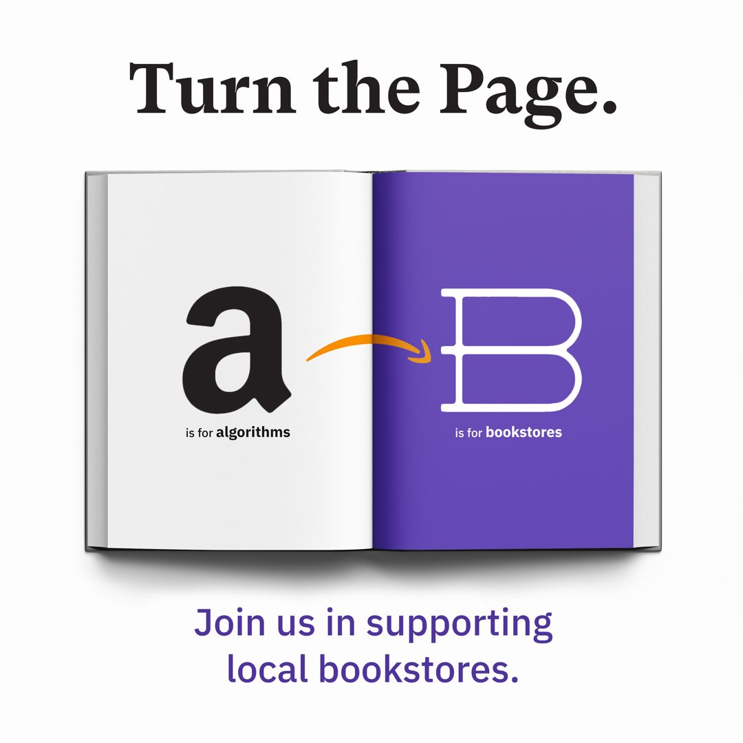 Open book showing the Amazon logo turning into the Bookshop.org logo: Turn the Page