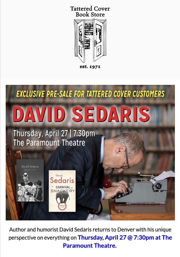 Author event email featuring David Sedaris