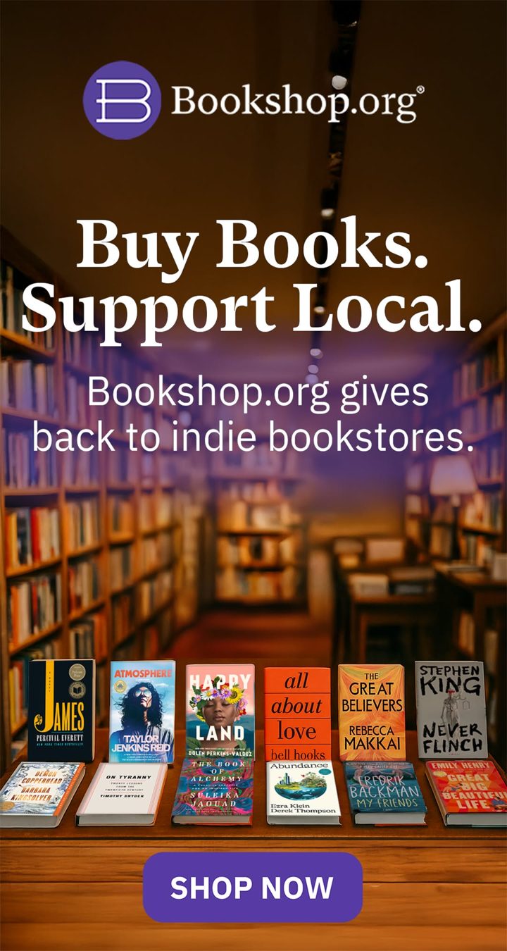 Vertical Meta Stories ad with book covers on a bookstore shelf