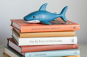pile of books with a cute shark ornament on top.png