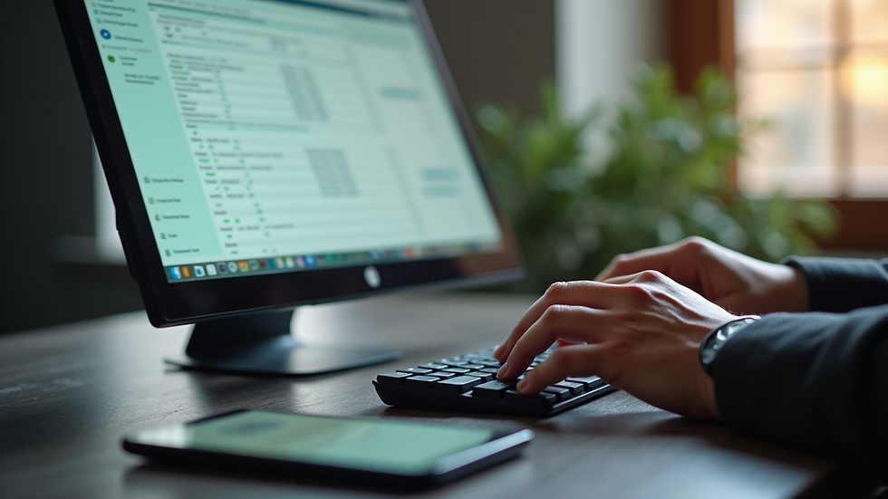 Close-up view of hands typing on a keyboard with QuickBooks open on the screen