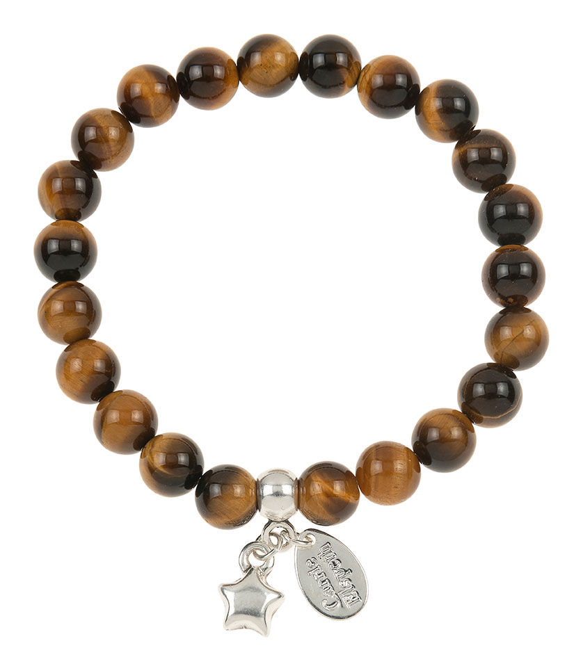 Thumbnail: Flat lay of Tiger's Eye 8mm gemstone beaded bracelet with star charm on white background