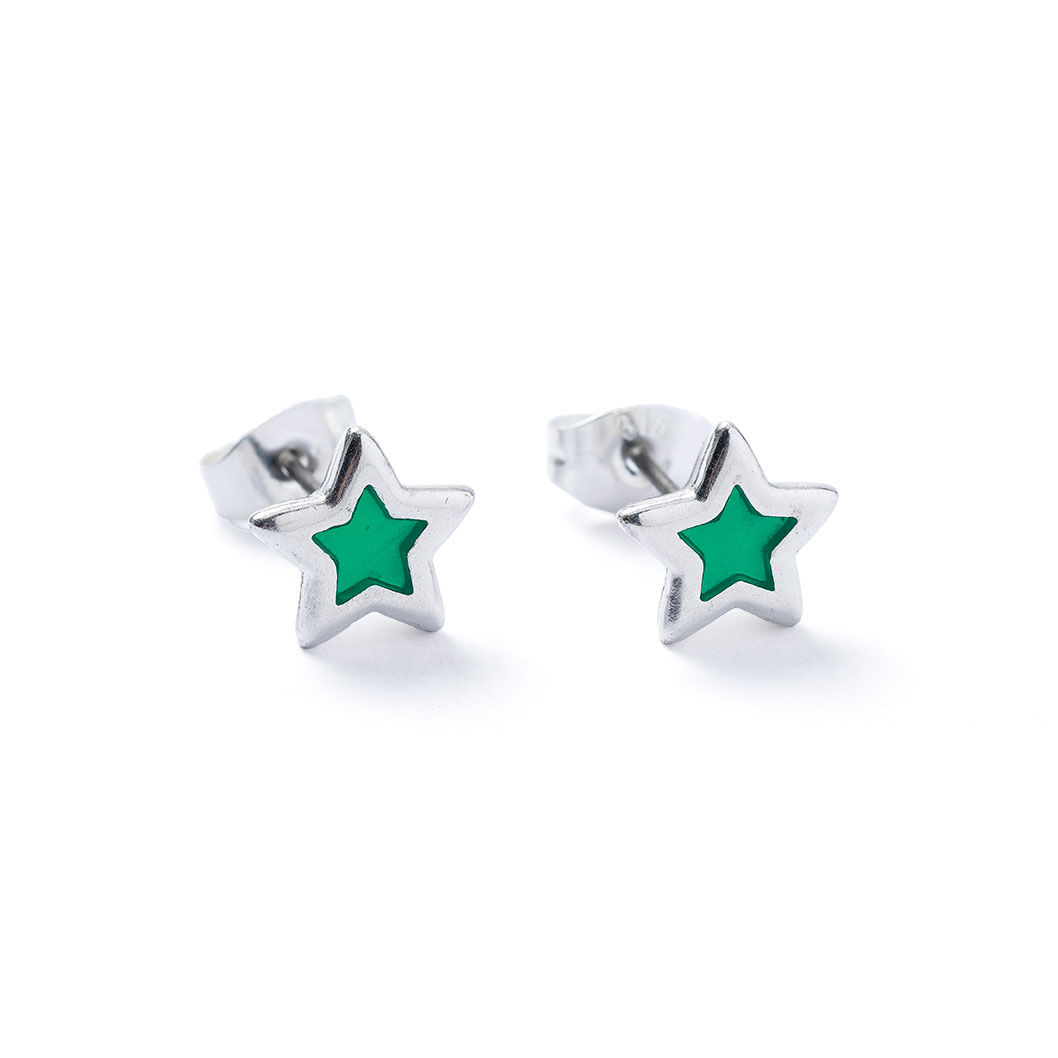 Green star enamel stud earrings with titanium posts
