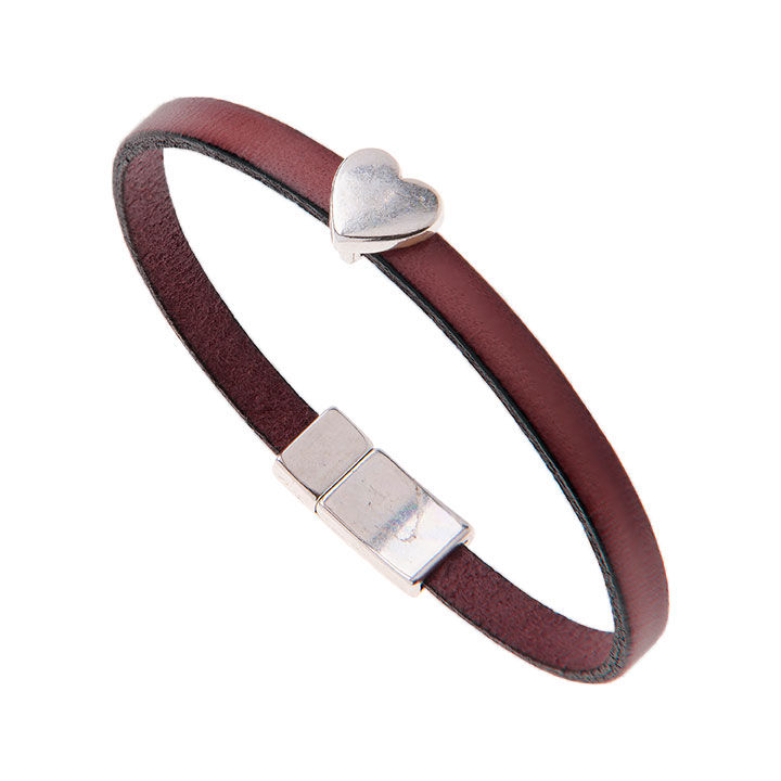 Thumbnail: Bespoke burgundy leather bracelet with silver heart charm and a magnetic clasp