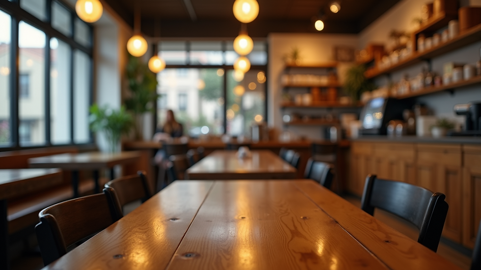 Eye-level view of a cozy coffee shop interior with wooden tables and warm lighting